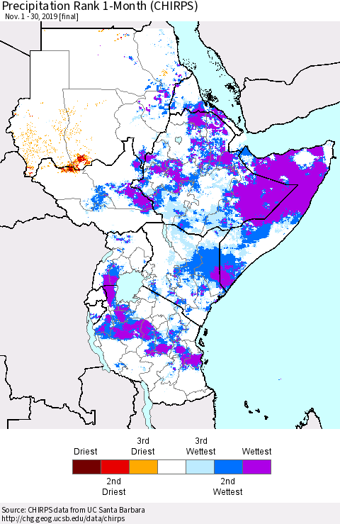 Eastern Africa Precipitation Rank 1-Month (CHIRPS) Thematic Map For 11/1/2019 - 11/30/2019