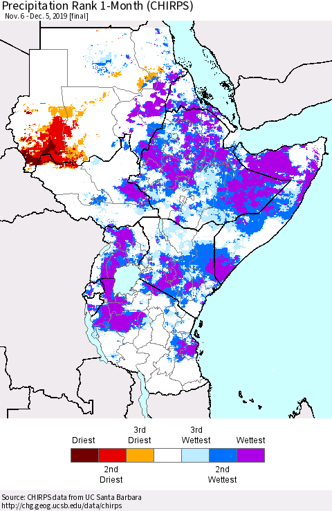 Eastern Africa Precipitation Rank 1-Month (CHIRPS) Thematic Map For 11/6/2019 - 12/5/2019