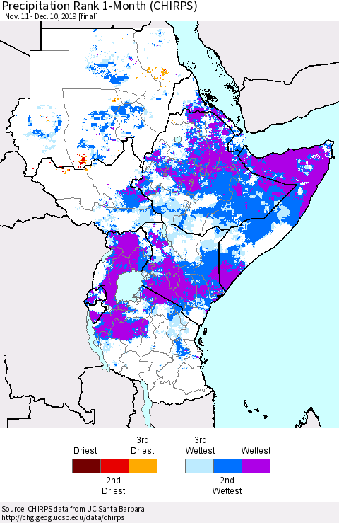 Eastern Africa Precipitation Rank since 1981, 1-Month (CHIRPS) Thematic Map For 11/11/2019 - 12/10/2019