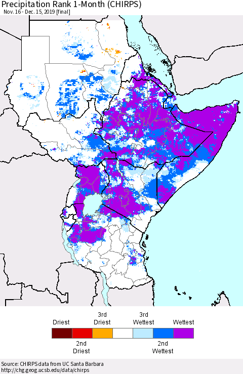 Eastern Africa Precipitation Rank 1-Month (CHIRPS) Thematic Map For 11/16/2019 - 12/15/2019