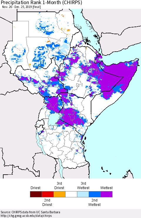 Eastern Africa Precipitation Rank 1-Month (CHIRPS) Thematic Map For 11/26/2019 - 12/25/2019