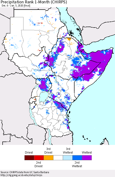 Eastern Africa Precipitation Rank 1-Month (CHIRPS) Thematic Map For 12/6/2019 - 1/5/2020