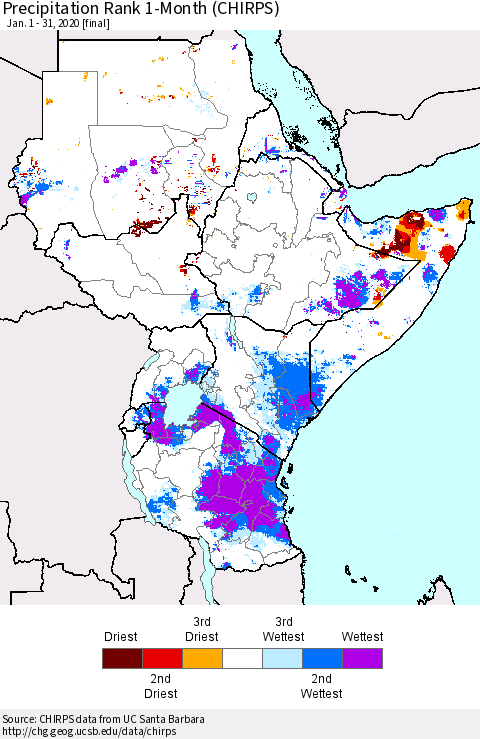 Eastern Africa Precipitation Rank 1-Month (CHIRPS) Thematic Map For 1/1/2020 - 1/31/2020