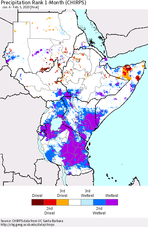 Eastern Africa Precipitation Rank 1-Month (CHIRPS) Thematic Map For 1/6/2020 - 2/5/2020