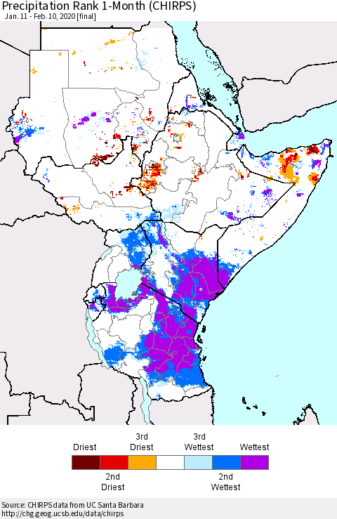 Eastern Africa Precipitation Rank 1-Month (CHIRPS) Thematic Map For 1/11/2020 - 2/10/2020