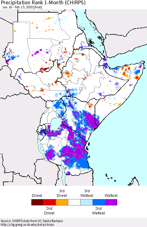 Eastern Africa Precipitation Rank 1-Month (CHIRPS) Thematic Map For 1/16/2020 - 2/15/2020