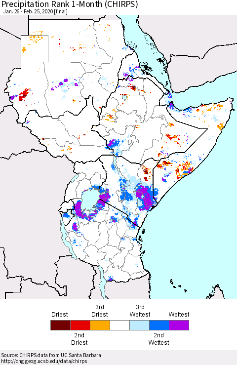 Eastern Africa Precipitation Rank since 1981, 1-Month (CHIRPS) Thematic Map For 1/26/2020 - 2/25/2020