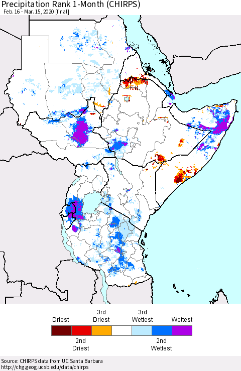 Eastern Africa Precipitation Rank 1-Month (CHIRPS) Thematic Map For 2/16/2020 - 3/15/2020