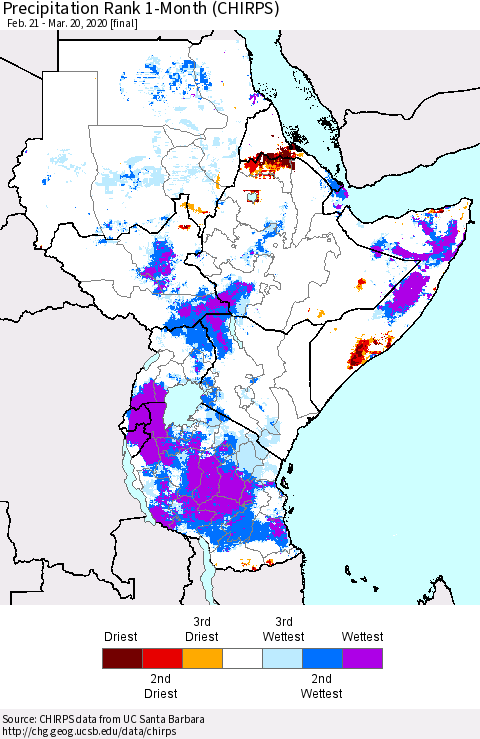 Eastern Africa Precipitation Rank 1-Month (CHIRPS) Thematic Map For 2/21/2020 - 3/20/2020