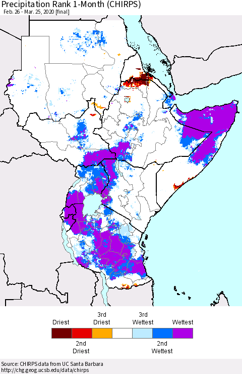 Eastern Africa Precipitation Rank 1-Month (CHIRPS) Thematic Map For 2/26/2020 - 3/25/2020