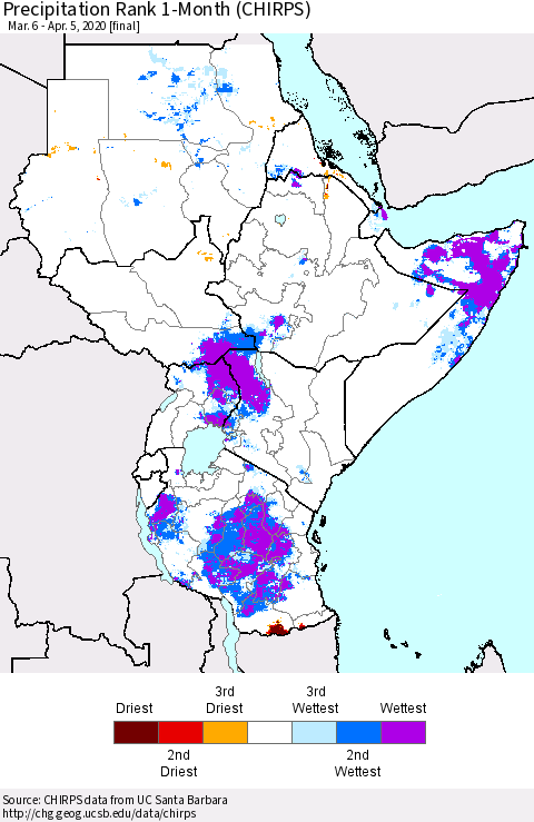 Eastern Africa Precipitation Rank 1-Month (CHIRPS) Thematic Map For 3/6/2020 - 4/5/2020