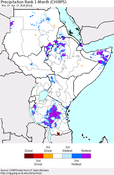 Eastern Africa Precipitation Rank since 1981, 1-Month (CHIRPS) Thematic Map For 3/16/2020 - 4/15/2020