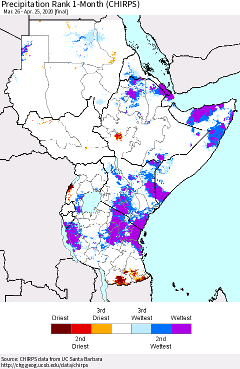 Eastern Africa Precipitation Rank 1-Month (CHIRPS) Thematic Map For 3/26/2020 - 4/25/2020