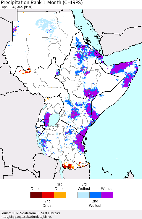 Eastern Africa Precipitation Rank 1-Month (CHIRPS) Thematic Map For 4/1/2020 - 4/30/2020