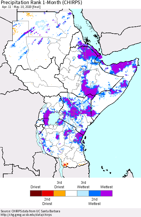 Eastern Africa Precipitation Rank 1-Month (CHIRPS) Thematic Map For 4/11/2020 - 5/10/2020