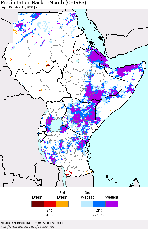 Eastern Africa Precipitation Rank 1-Month (CHIRPS) Thematic Map For 4/16/2020 - 5/15/2020
