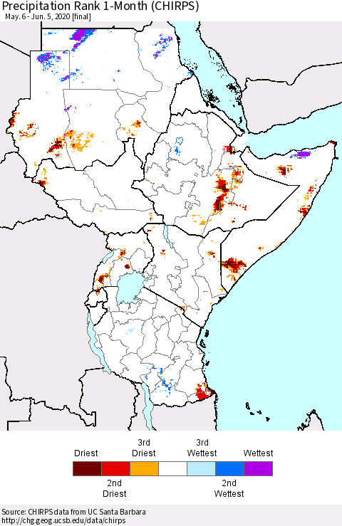 Eastern Africa Precipitation Rank since 1981, 1-Month (CHIRPS) Thematic Map For 5/6/2020 - 6/5/2020