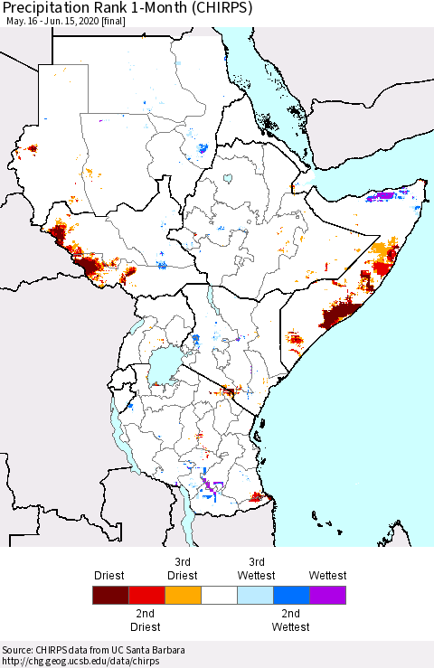 Eastern Africa Precipitation Rank 1-Month (CHIRPS) Thematic Map For 5/16/2020 - 6/15/2020