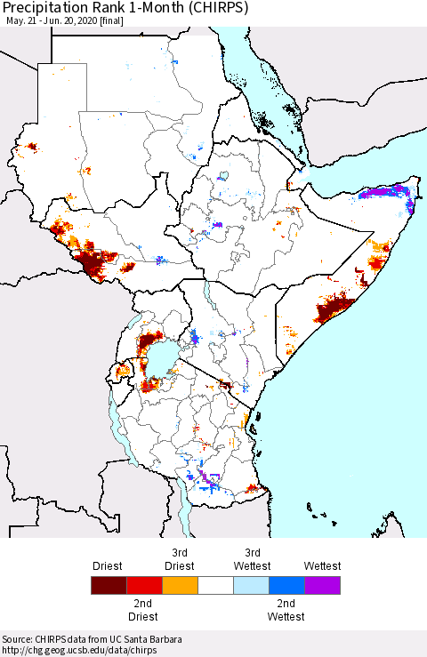 Eastern Africa Precipitation Rank 1-Month (CHIRPS) Thematic Map For 5/21/2020 - 6/20/2020