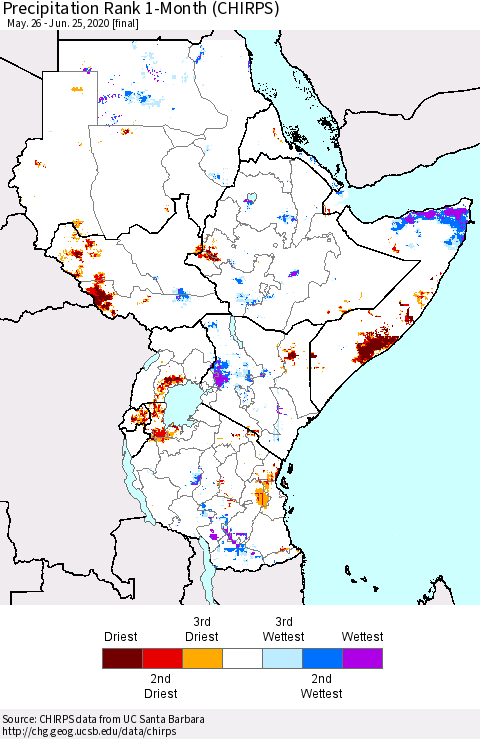 Eastern Africa Precipitation Rank 1-Month (CHIRPS) Thematic Map For 5/26/2020 - 6/25/2020