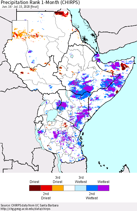 Eastern Africa Precipitation Rank 1-Month (CHIRPS) Thematic Map For 6/16/2020 - 7/15/2020