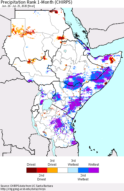 Eastern Africa Precipitation Rank since 1981, 1-Month (CHIRPS) Thematic Map For 6/26/2020 - 7/25/2020