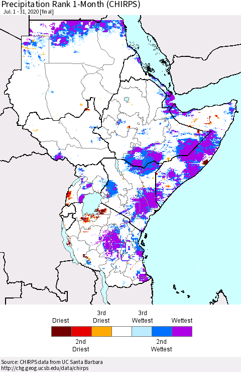 Eastern Africa Precipitation Rank 1-Month (CHIRPS) Thematic Map For 7/1/2020 - 7/31/2020