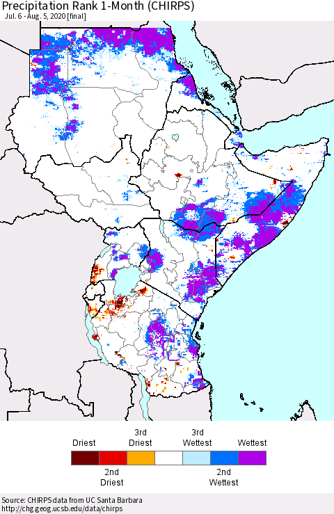 Eastern Africa Precipitation Rank 1-Month (CHIRPS) Thematic Map For 7/6/2020 - 8/5/2020