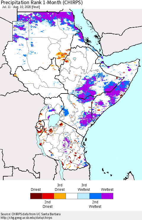 Eastern Africa Precipitation Rank 1-Month (CHIRPS) Thematic Map For 7/11/2020 - 8/10/2020
