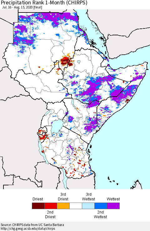 Eastern Africa Precipitation Rank 1-Month (CHIRPS) Thematic Map For 7/16/2020 - 8/15/2020