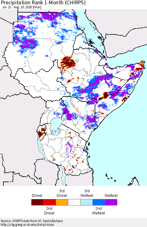 Eastern Africa Precipitation Rank 1-Month (CHIRPS) Thematic Map For 7/21/2020 - 8/20/2020