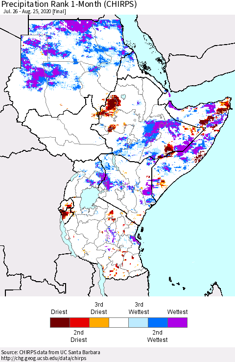 Eastern Africa Precipitation Rank since 1981, 1-Month (CHIRPS) Thematic Map For 7/26/2020 - 8/25/2020
