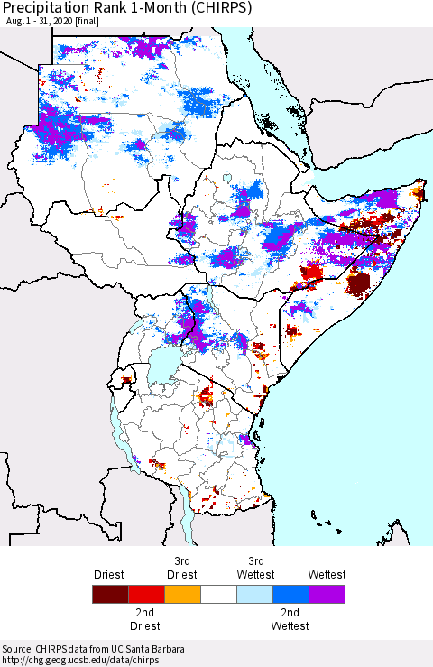 Eastern Africa Precipitation Rank 1-Month (CHIRPS) Thematic Map For 8/1/2020 - 8/31/2020