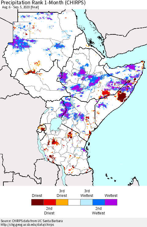 Eastern Africa Precipitation Rank 1-Month (CHIRPS) Thematic Map For 8/6/2020 - 9/5/2020