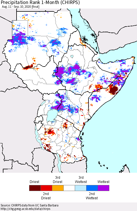 Eastern Africa Precipitation Rank 1-Month (CHIRPS) Thematic Map For 8/11/2020 - 9/10/2020