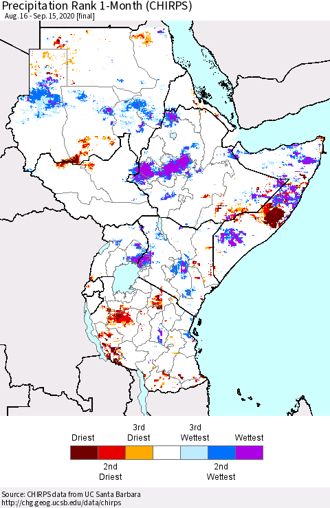 Eastern Africa Precipitation Rank since 1981, 1-Month (CHIRPS) Thematic Map For 8/16/2020 - 9/15/2020