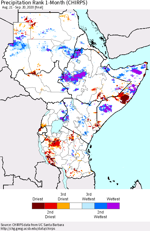Eastern Africa Precipitation Rank 1-Month (CHIRPS) Thematic Map For 8/21/2020 - 9/20/2020