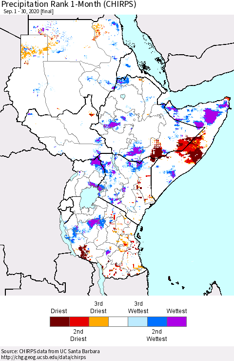 Eastern Africa Precipitation Rank 1-Month (CHIRPS) Thematic Map For 9/1/2020 - 9/30/2020