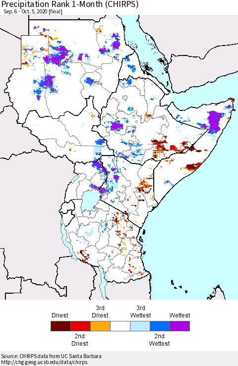 Eastern Africa Precipitation Rank 1-Month (CHIRPS) Thematic Map For 9/6/2020 - 10/5/2020