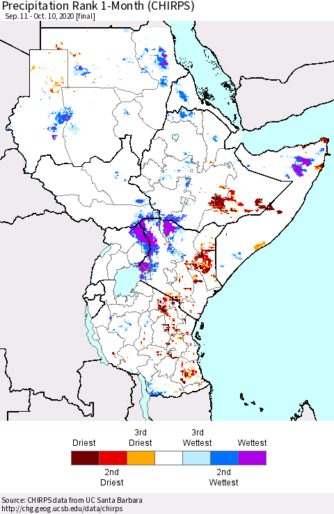 Eastern Africa Precipitation Rank since 1981, 1-Month (CHIRPS) Thematic Map For 9/11/2020 - 10/10/2020