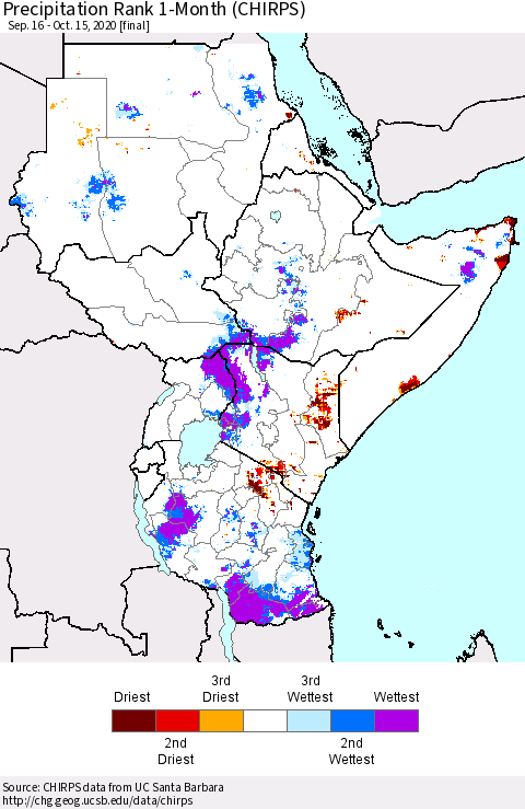 Eastern Africa Precipitation Rank 1-Month (CHIRPS) Thematic Map For 9/16/2020 - 10/15/2020