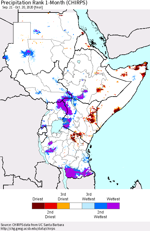 Eastern Africa Precipitation Rank 1-Month (CHIRPS) Thematic Map For 9/21/2020 - 10/20/2020