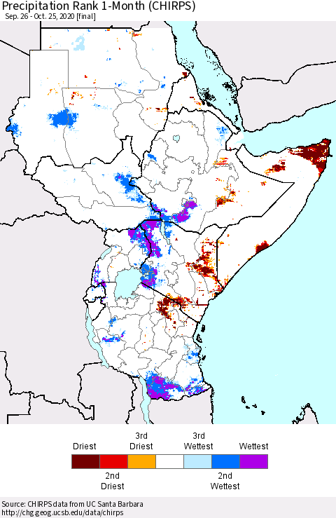 Eastern Africa Precipitation Rank 1-Month (CHIRPS) Thematic Map For 9/26/2020 - 10/25/2020