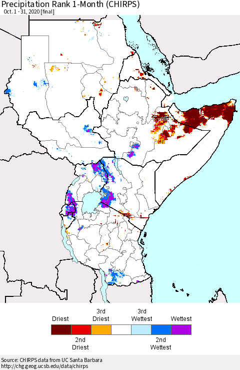 Eastern Africa Precipitation Rank 1-Month (CHIRPS) Thematic Map For 10/1/2020 - 10/31/2020