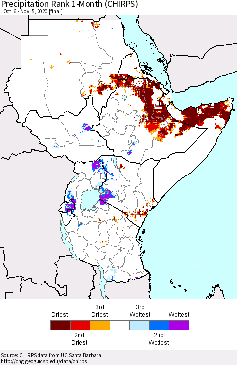 Eastern Africa Precipitation Rank 1-Month (CHIRPS) Thematic Map For 10/6/2020 - 11/5/2020