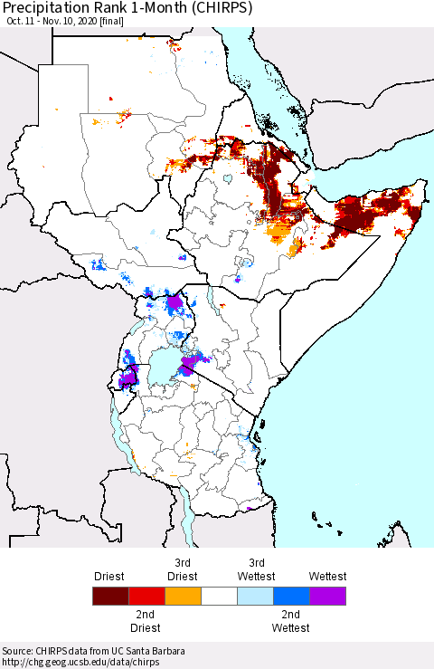 Eastern Africa Precipitation Rank 1-Month (CHIRPS) Thematic Map For 10/11/2020 - 11/10/2020