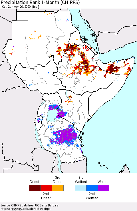 Eastern Africa Precipitation Rank 1-Month (CHIRPS) Thematic Map For 10/21/2020 - 11/20/2020