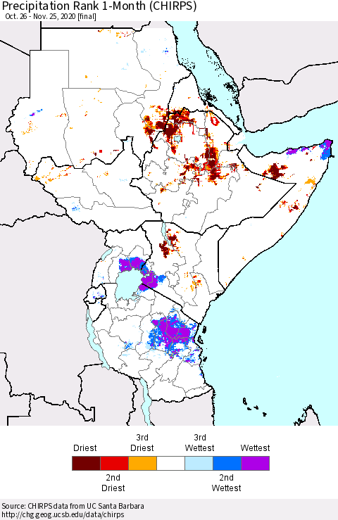 Eastern Africa Precipitation Rank 1-Month (CHIRPS) Thematic Map For 10/26/2020 - 11/25/2020