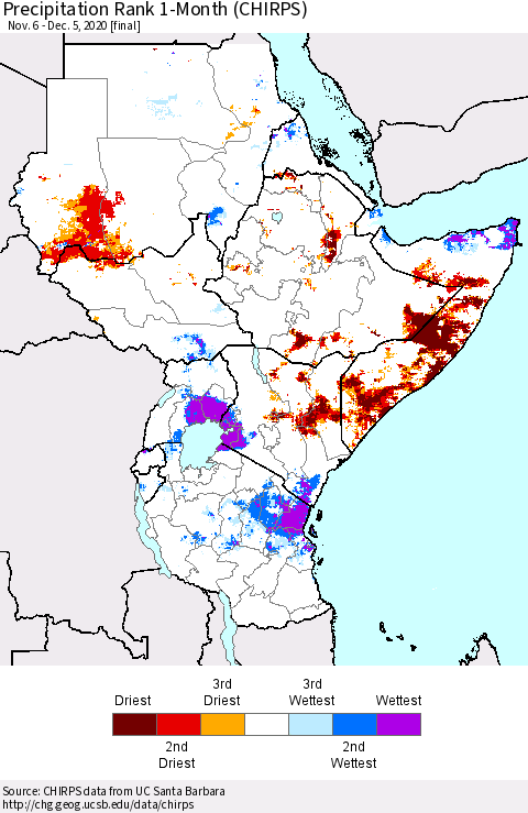 Eastern Africa Precipitation Rank 1-Month (CHIRPS) Thematic Map For 11/6/2020 - 12/5/2020