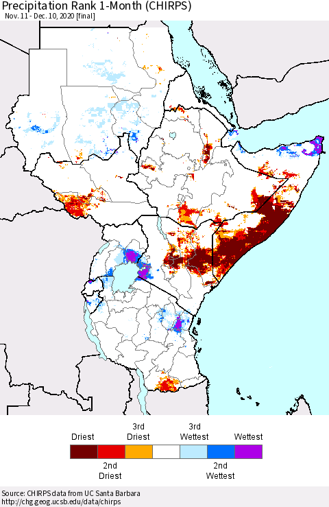 Eastern Africa Precipitation Rank 1-Month (CHIRPS) Thematic Map For 11/11/2020 - 12/10/2020